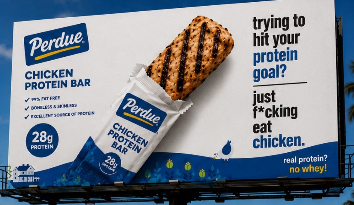 A Perdue Chicken Protein Bar billboard reading: trying to hit your protein goal? just f*cking eat chicken.