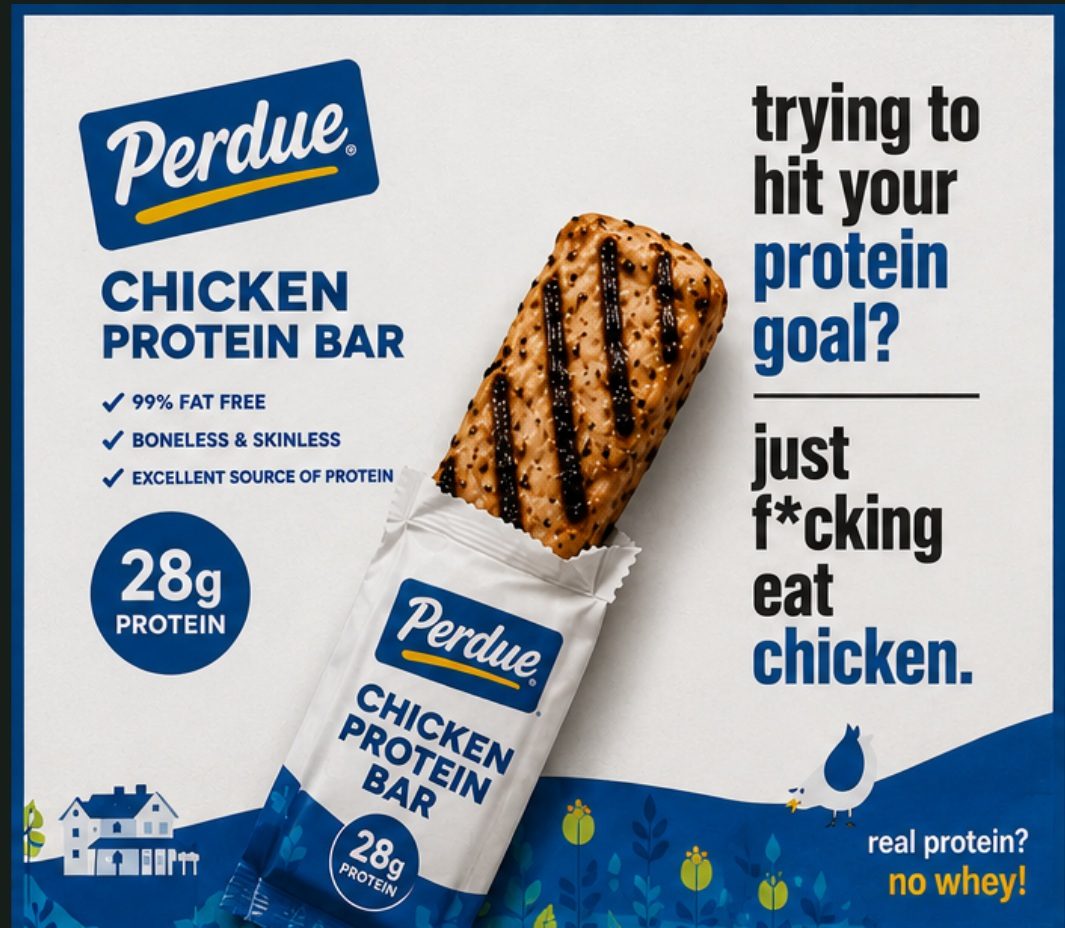 Perdue Chicken Protein Bar packaging: a grilled chicken breast in a protein-bar wrapper, 28g protein.