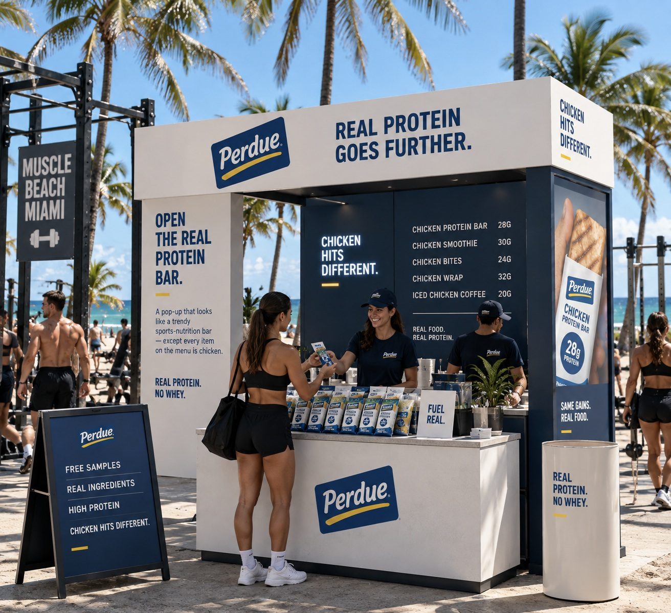 The Real Protein Bar pop-up at Muscle Beach Miami, staffed and serving chicken.
