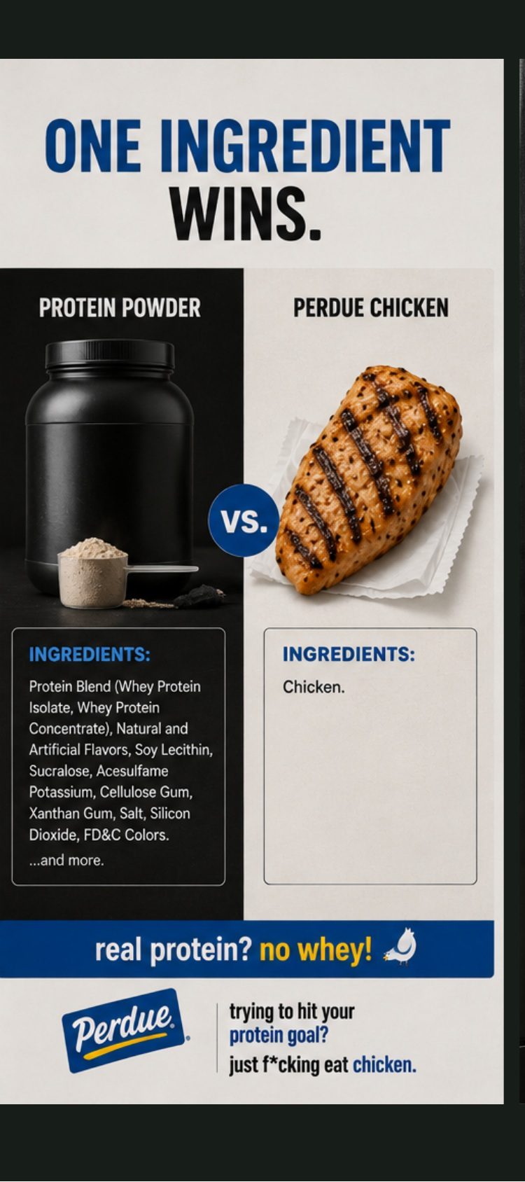 Retail execution: one ingredient wins, protein powder versus Perdue chicken.