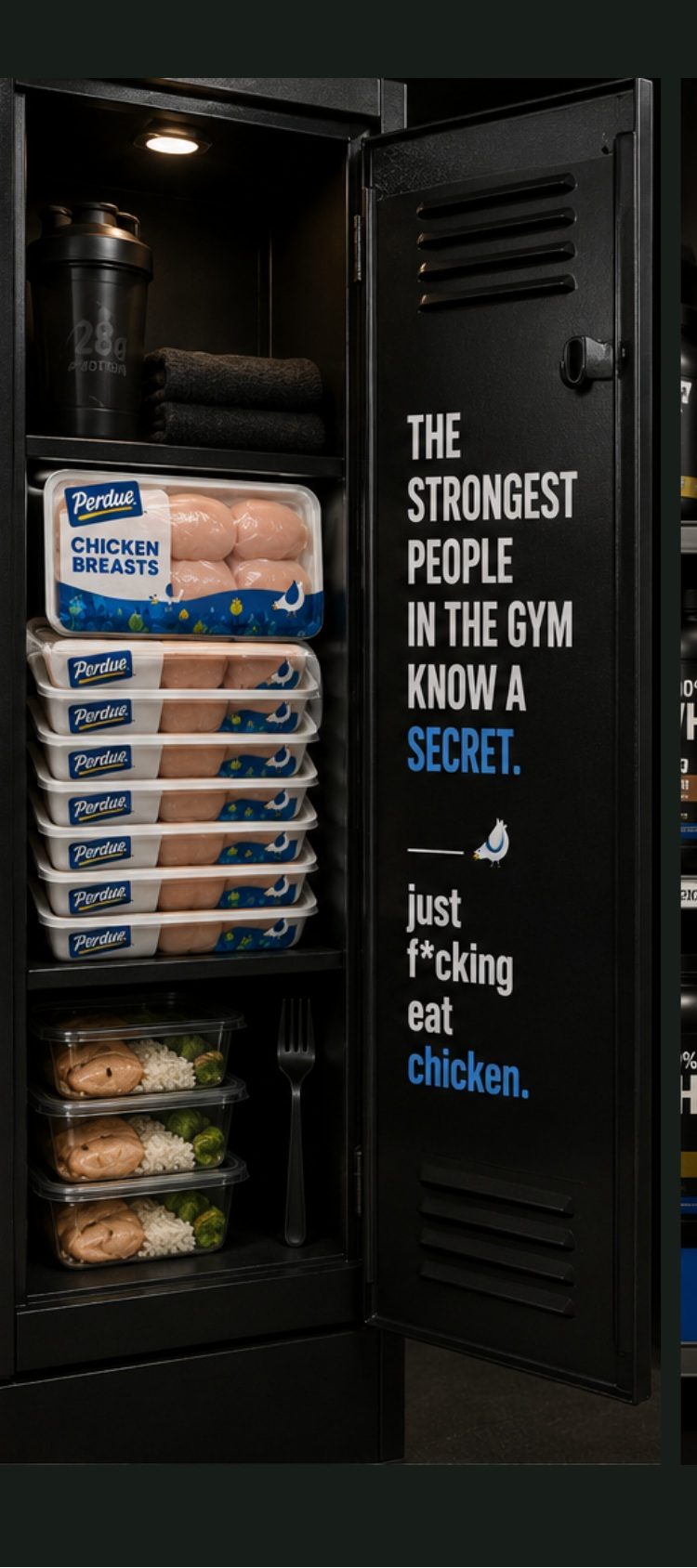 Retail execution: a gym locker stocked with Perdue chicken.