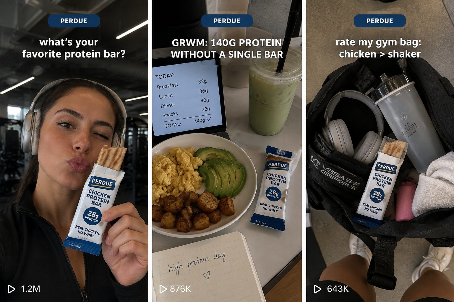 Three social posts showing the Perdue chicken protein bar in a gym, at breakfast and in a gym bag.