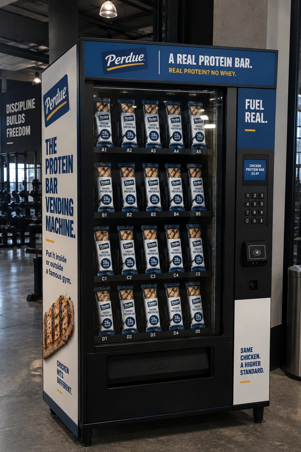 A Perdue-branded vending machine stocked entirely with chicken protein bars.